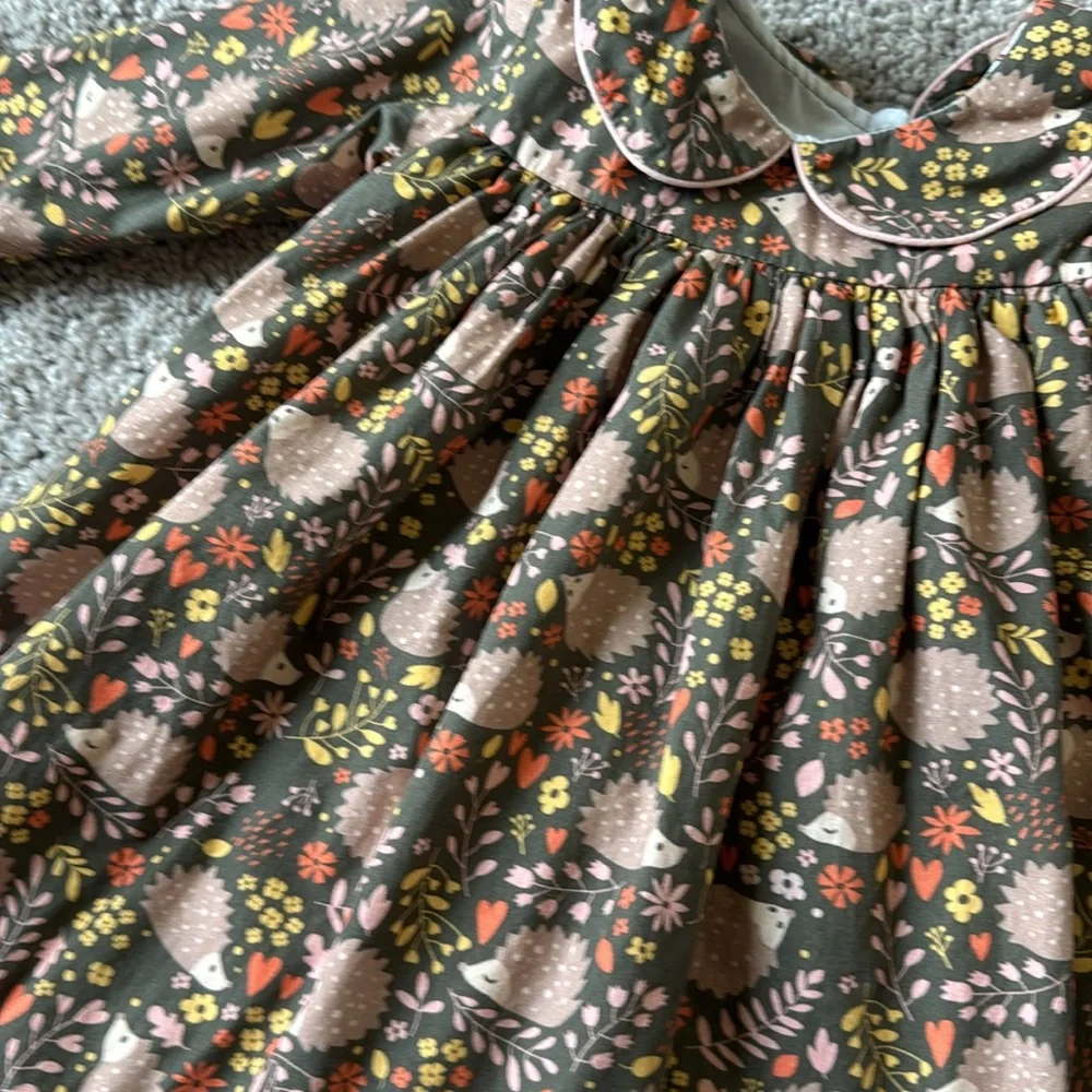 Cotton Kids Brown Hedgehog Print Peter Pan Collar Dress 18 Months